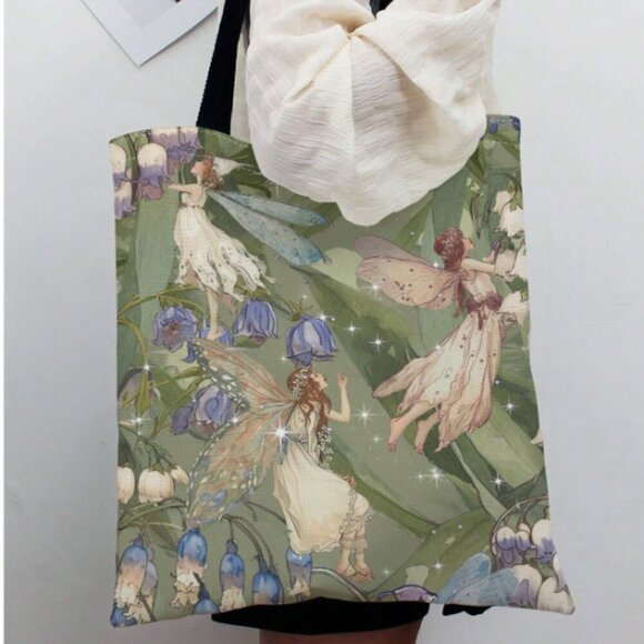 Fairycore Fairy Print Double Side Double Handle Linen Bag Romwe NWT - Picture 1 of 4